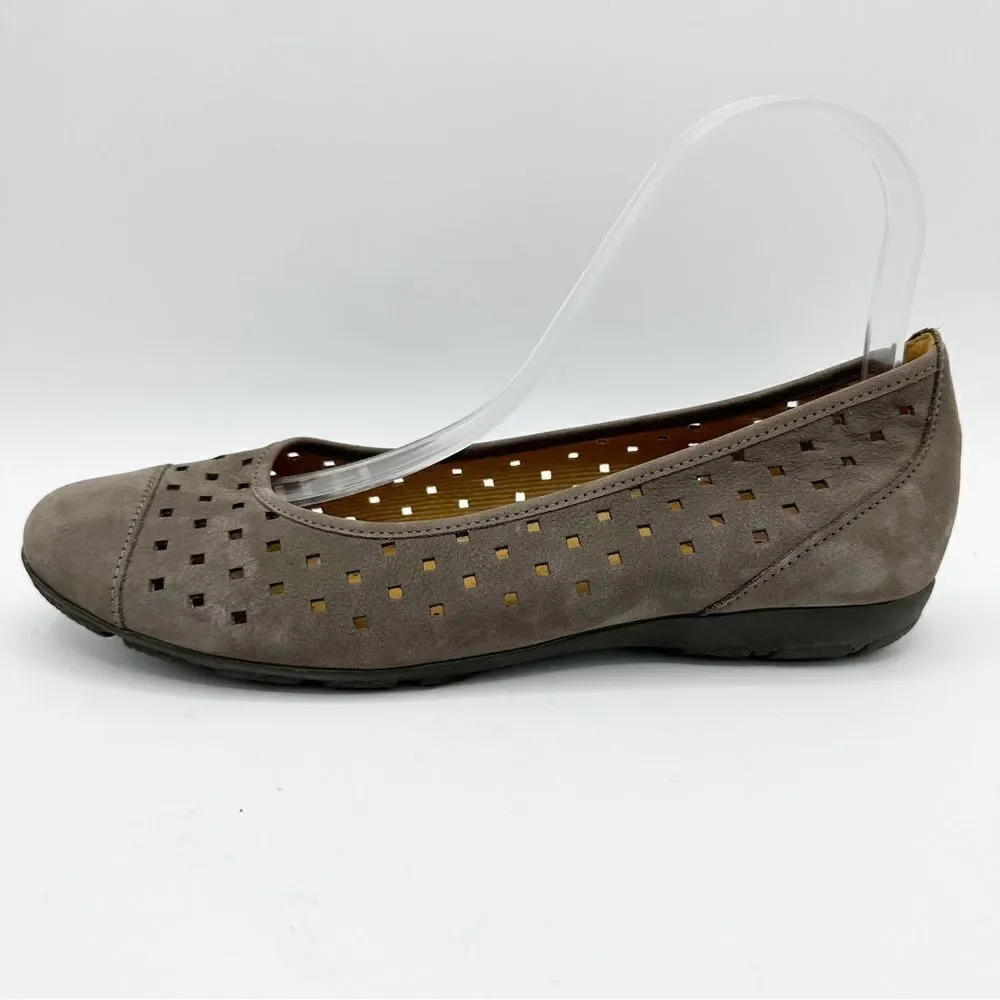 Gabor Hovercraft Ruffle Nubuck Taupe Brown Perforated Comfort Ballet Flat Sz 6